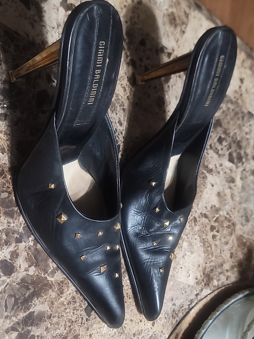 Baldinini Black Leather Pointed Mule Heels with Gold Studs